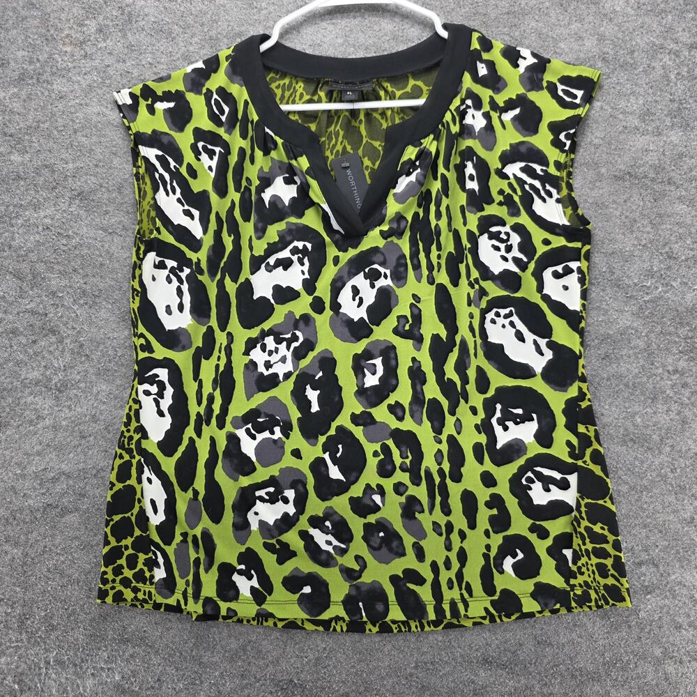 Worthington Tunic Blouse Womens PL Green Animal Print V-Neck Stretch Sleeveless